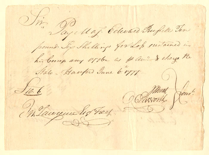 1777 dated Oliver Ellsworth signed Revolutionary War Pay Order
