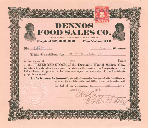 Dennos Food Sales Co. - Stock Certificate