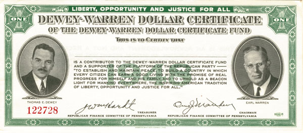 Dewey-Warren Dollar Certificate