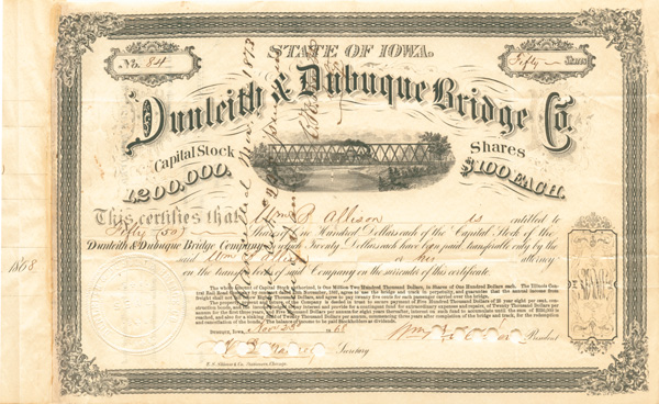 Dunleith and Dubuque Bridge Co - Stock Certificate