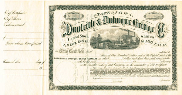 Dunleith and Dubuque Bridge Co - Stock Certificate