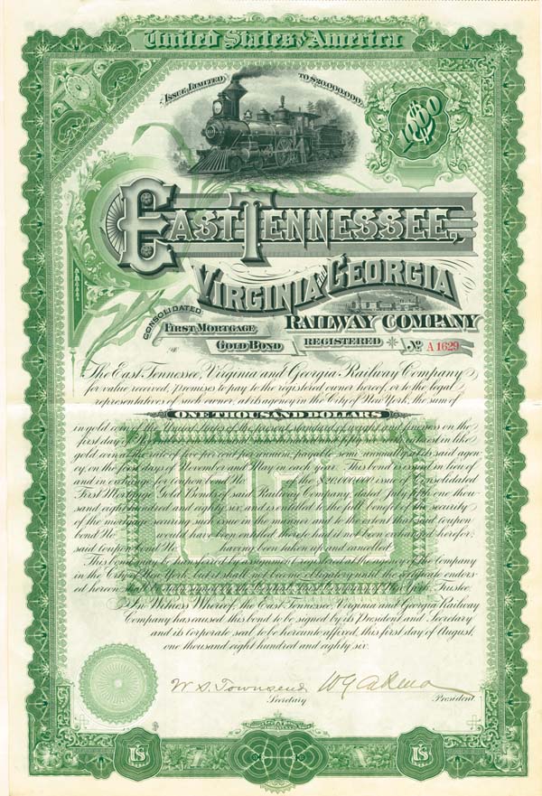 East Tennesse, Virginia and Georgia Railway - 1886 dated $1,000 Railroad Gold Bond (Uncanceled)