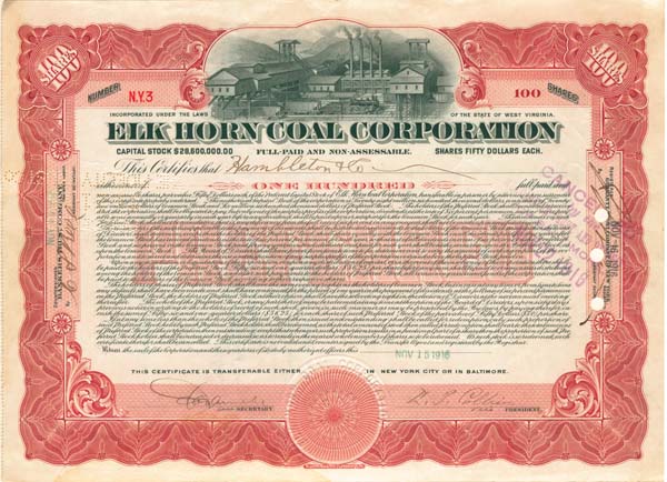 Elk Horn Coal Corporation - Stock Certificate