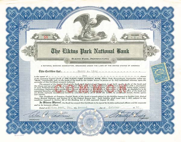 Elkins Park National Bank - Stock Certificate