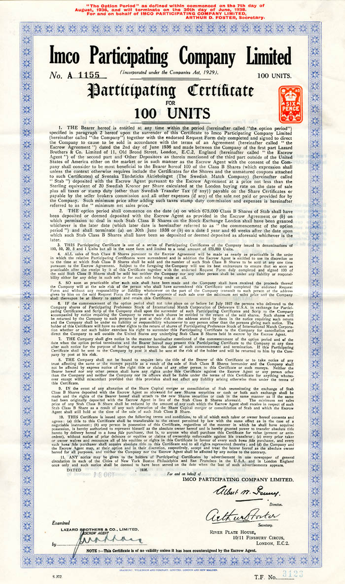 Imco Participating Co. Limited - Stock Certificate