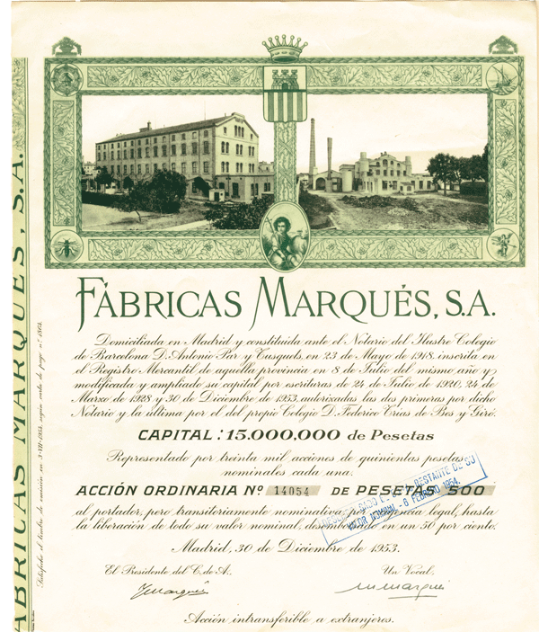 Fabricas Marques, S. A. - Stock Certificate