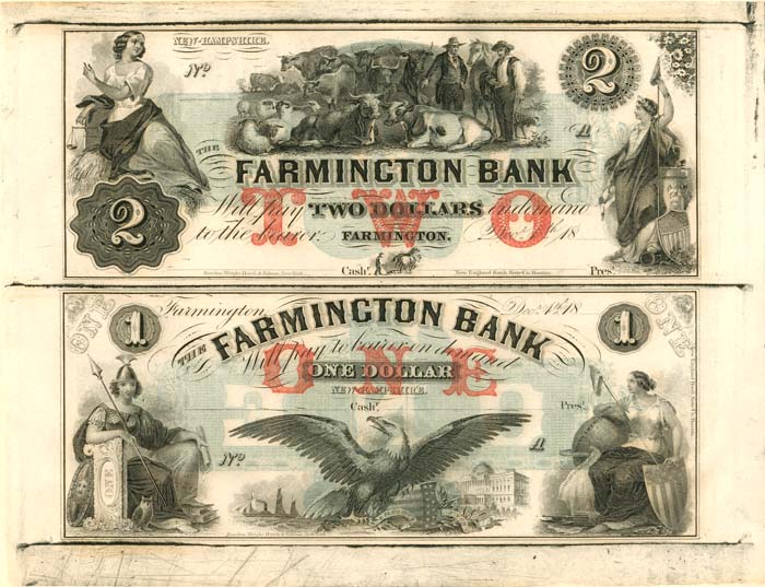 Farmington Bank - Uncut Obsolete Sheet Pair - Broken Bank Notes