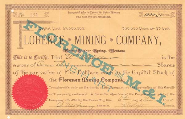 Florence Mining Co., White Sulphur Springs, Montana - Stock Certificate