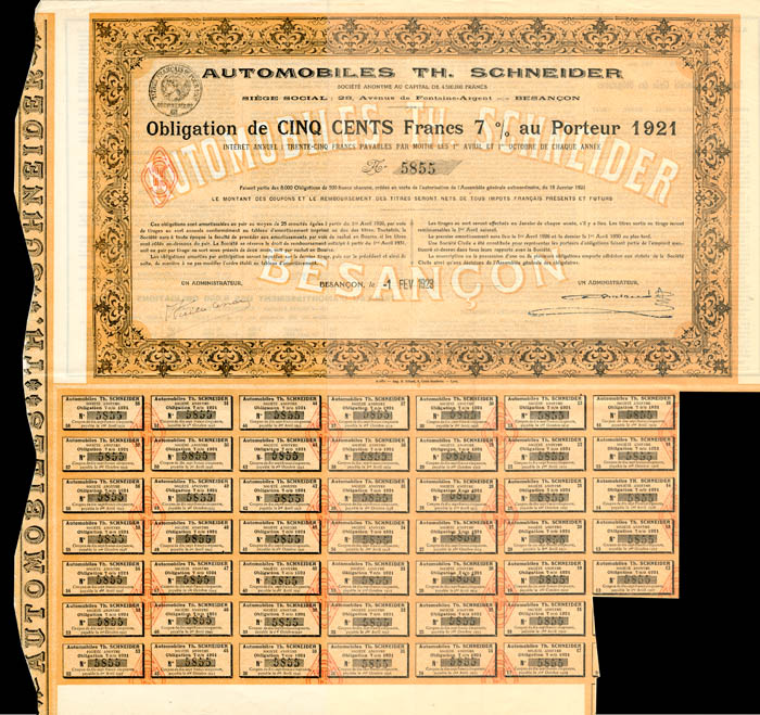 Automobiles Th. Schneider - 500 Francs - Foreign Bond