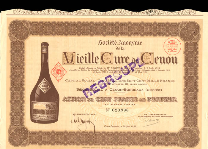 Societe Anonyme de la Vieille Cure de Cenon - Stock Certificate