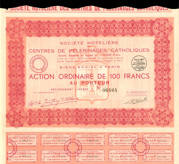 Societe Hoteliere Des Centres De Pelerinages Catholiques - Stock Certificate