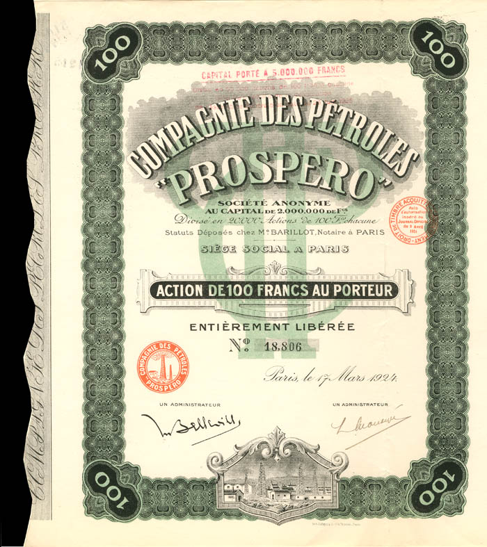 Compagnie Des Petroles Prospero - Stock Certificate