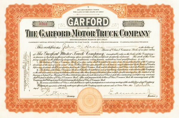 Garford Motor Truck Co. - Stock Certificate