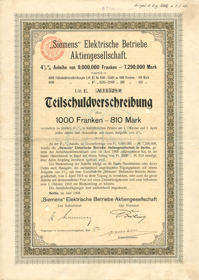 "Siemens" Elektrische Betriebe Aktiengesellschaft - 1908 dated German Stock Certificate