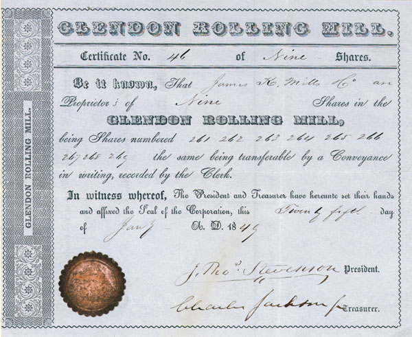 Glendon Rolling Mill - Stock Certificate