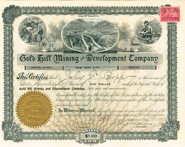 Gold Hill Mining and Development Co. - Stock Certificate