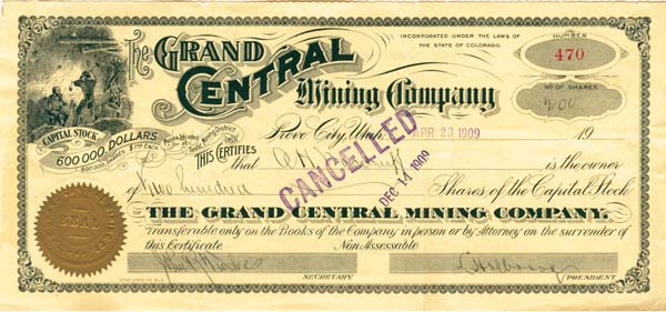 Grand Central MIning Co. - Stock Certificate