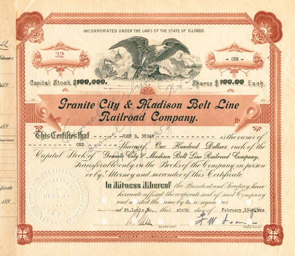 Granite City and Madison Belt Line Railroad Co. - Stock Certificate