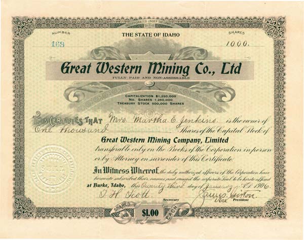 Great Western Mining Co., Ltd - Stock Certificate