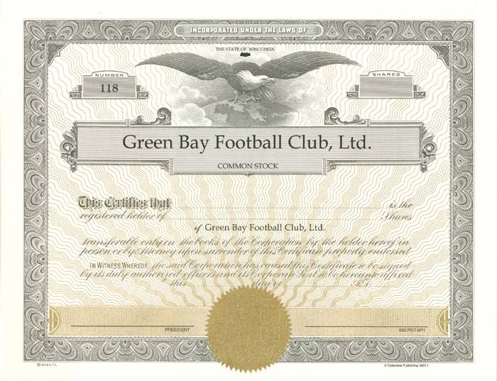 green bay packers stock certificate