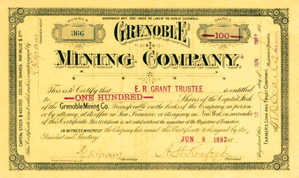 Grenoble Mining Co. - Stock Certificate