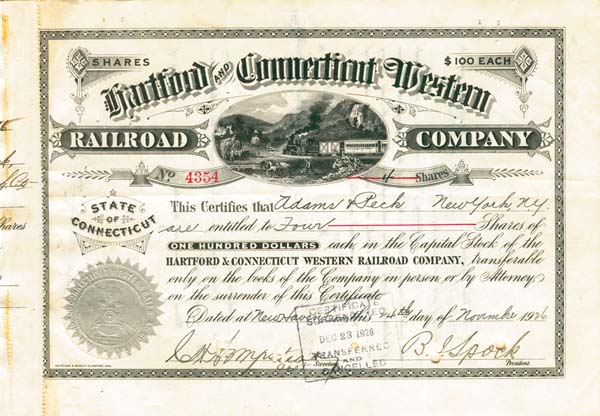 Hartford and Connecticut Western Railroad - Stock Certificate