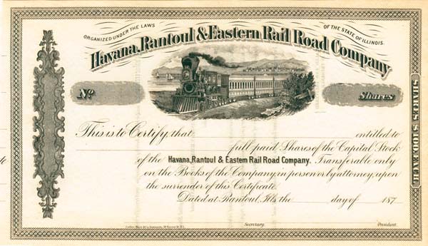 Havana, Rantoul and Eastern Railroad - Unissued Stock Certificate