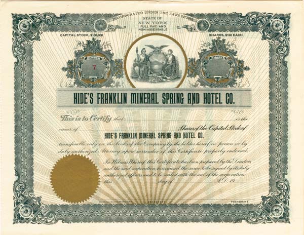 Hide's Franklin Mineral Spring and Hotel Co. - Stock Certificate