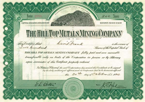 Hill Top Metals Mining Co. - Stock Certificate