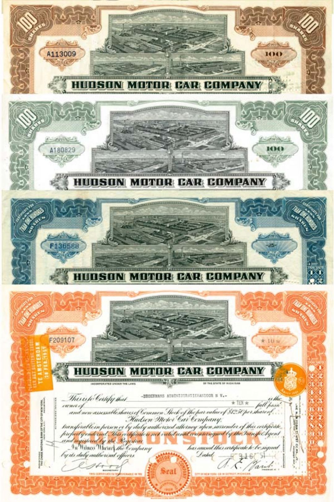 Hudson Motor Car - Set of 4 Stocks - 1930's-50's dated Automotive Stock Certificate - Famous Car Maker