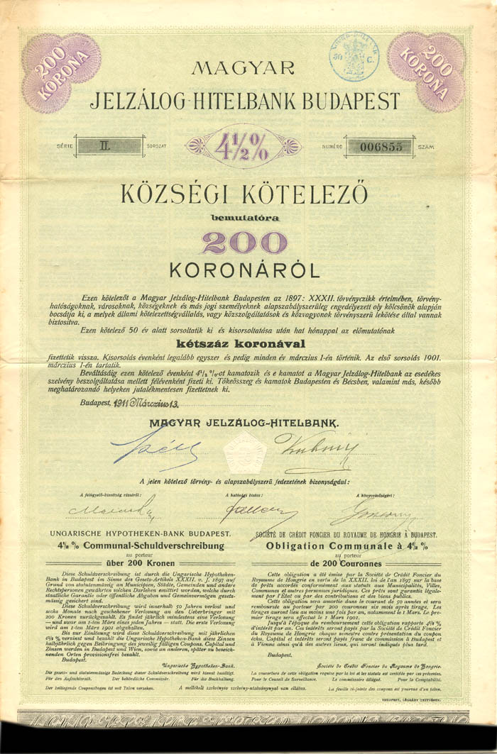 Magyar Jelzalog Hitelbank Budapest - 200 Kronen (Uncanceled)