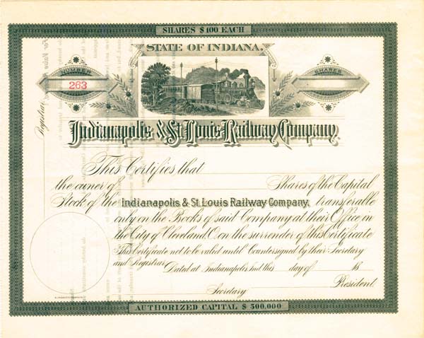 Indianapolis and St. Louis Railway - Stock Certificate