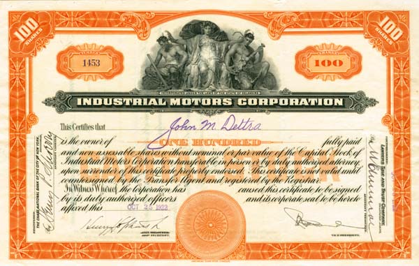 Industrial Motors Corporation - Stock Certificate