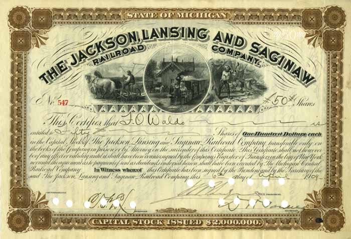 Jackson, Lansing and Saginaw Railroad - Stock Certificate