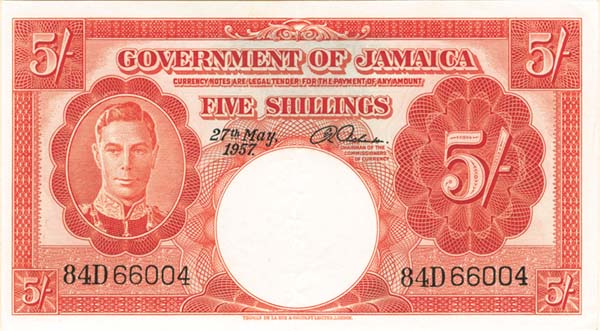 Jamaica - 5 Shillings - P-37b - 1957 dated Foreign Paper Money