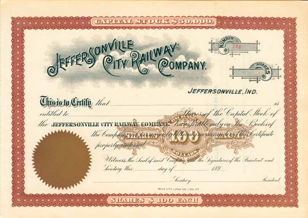 Jeffersonville City Railway - Stock Certificate