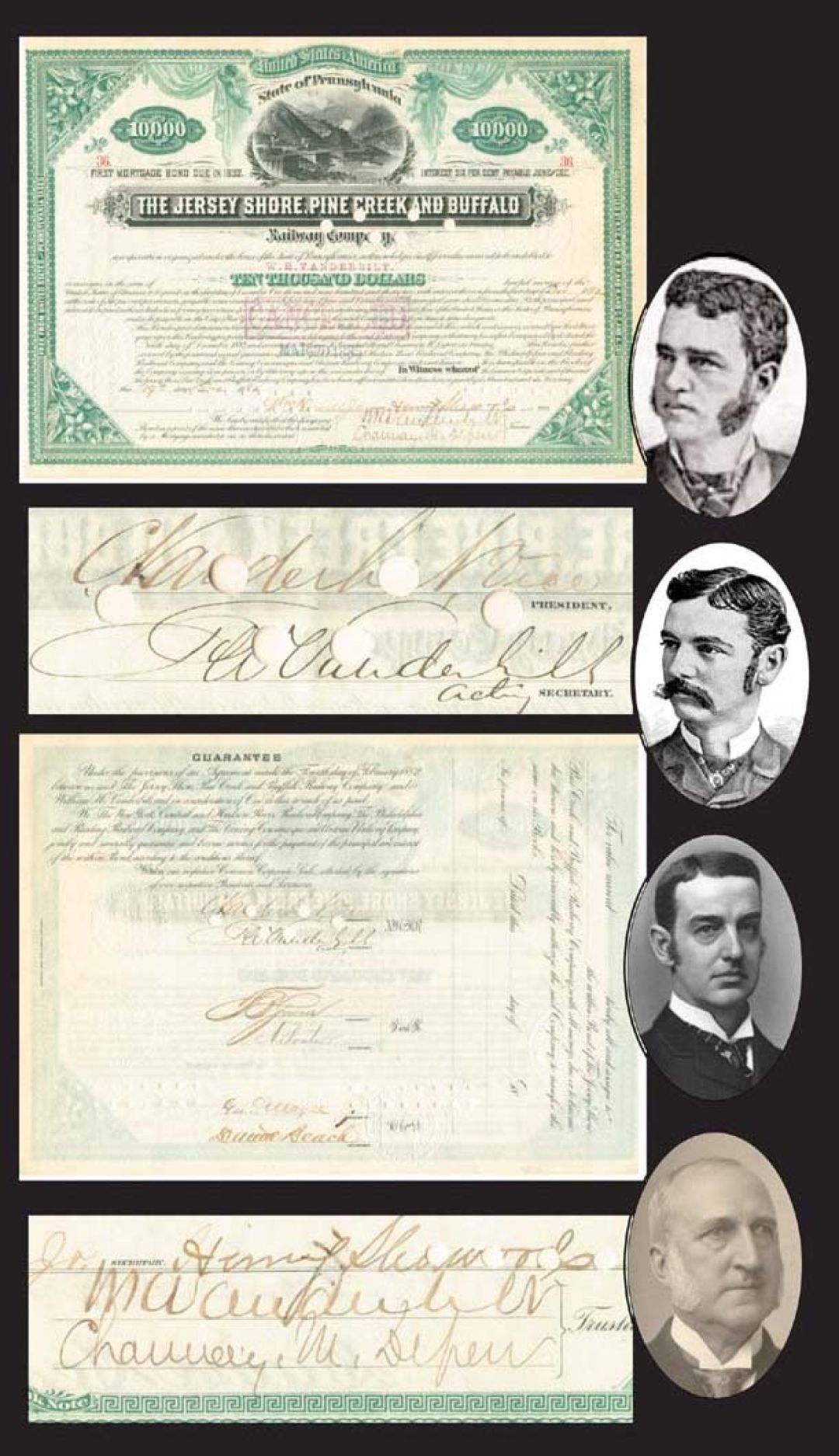 The Jersey Shore, Pine Creek and Buffalo Railway - 1882 dated Autograph Bond signed by William K. Vanderbilt, Cornelius Vanderbilt, Frederick Vanderbilt, and Chauncey Depew