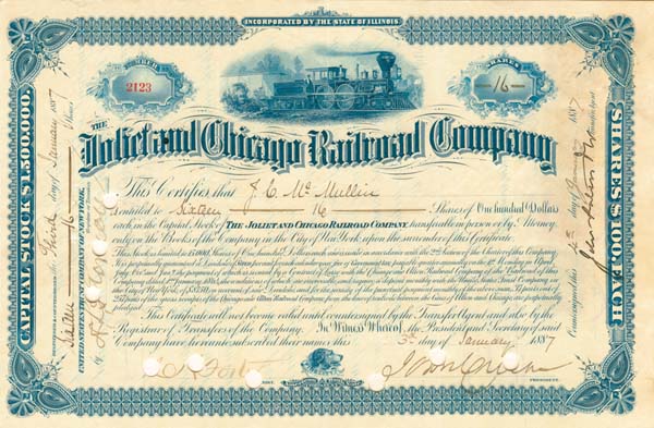 Joliet and Chicago Railroad - Stock Certificate