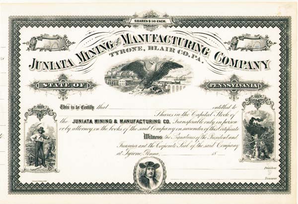 Juniata Mining and Manufacturing Co. - Stock Certificate