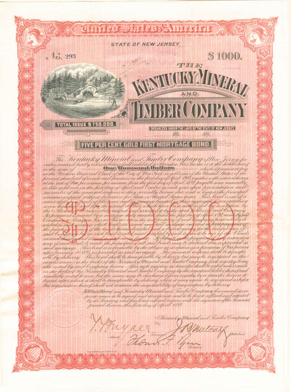 Kentucky Mineral and Timber Co. $1,000 Uncanceled Gold Bond signed by Brayton Ives and Thomas Fortune Ryan