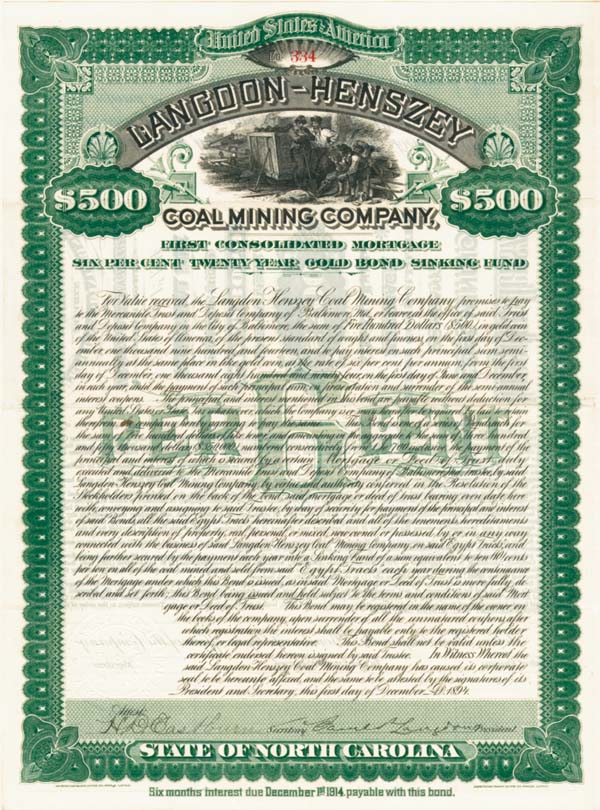 Langoon-Henszey Coal Mining Co. - $500 Bond (Uncanceled)