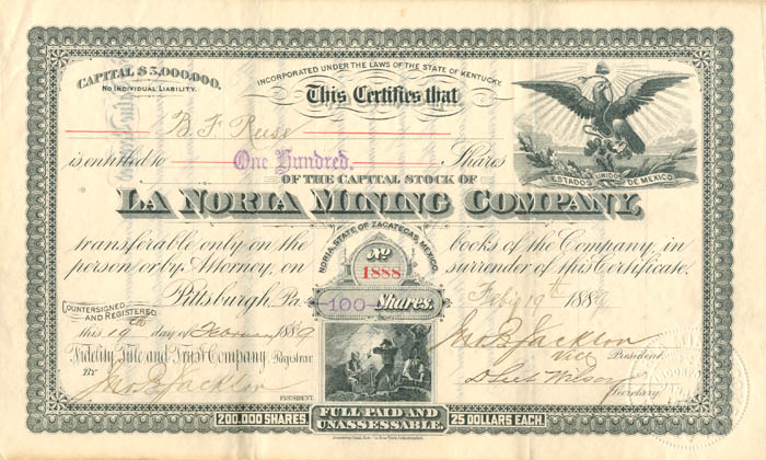 La Noria Mining Co. - Stock Certificate