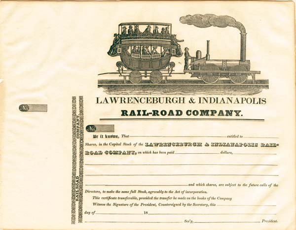 Lawrenceburgh and Indianapolis Railroad Co. - Stock Certificate