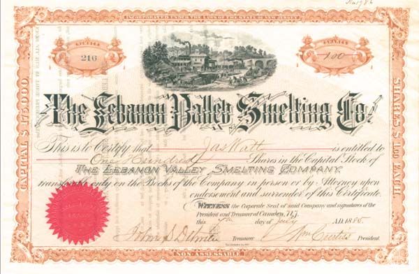 Lebanon Valley Smelting Co. - Stock Certificate