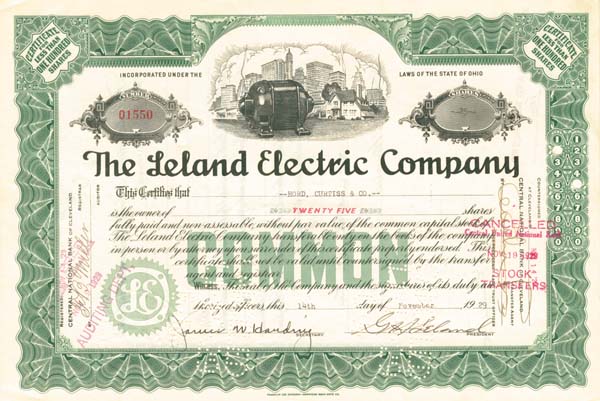 Leland Electric Co - Stock Certificate