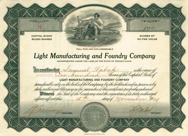 Light Manufacturing and Foundry Co. - Stock Certificate