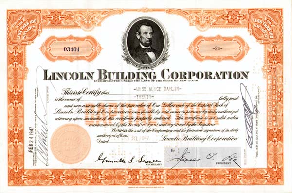 Lincoln Building Corporation - Stock Certificate