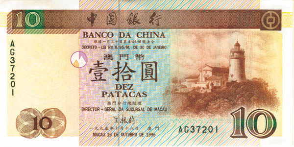 Macau - 10 Patacas - P-90 - 1995 dated Foreign Paper Money