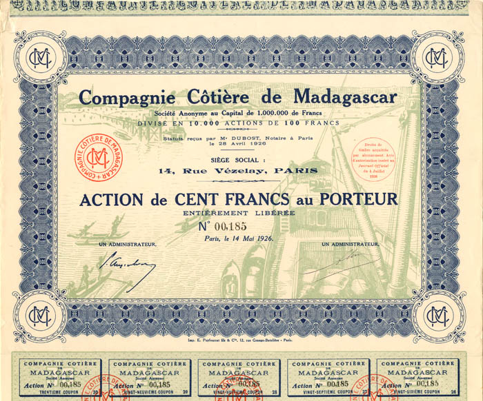 Compagnie Cotiere de Madagascar - Stock Certificate