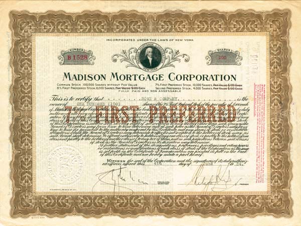 Madison Mortgage Corporation - Preferred Stock Certificate